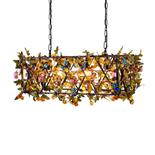 Industrial Metal Chandelier: 4-Light Black Dining Room Pendant With Flower Detail