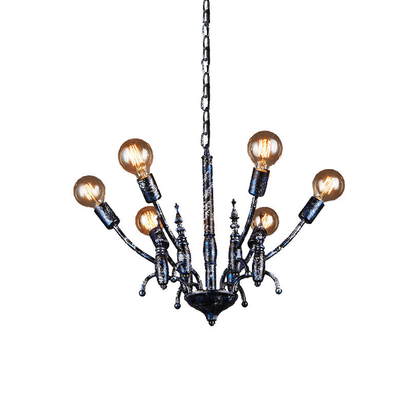 Vintage Black Chandelier With 6 Exposed Bulbs - Metal Pendant Lamp Sputnik Shade