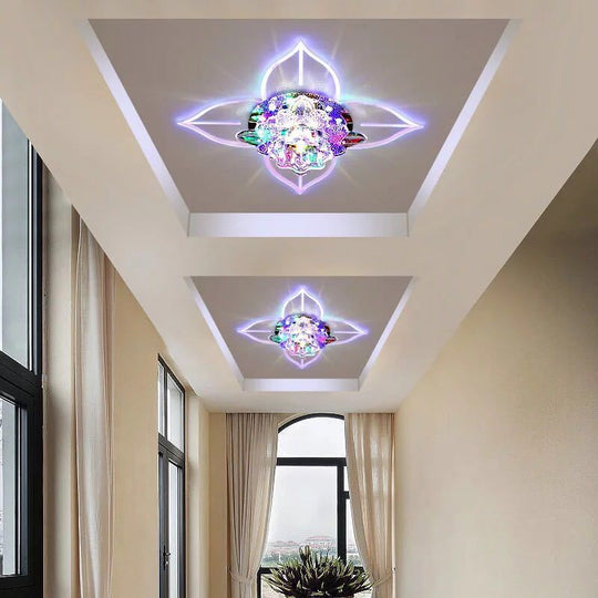 Modern Floral Crystal Led Flush Mount Ceiling Light For Corridors - Clear Finish / 9W Multi Color