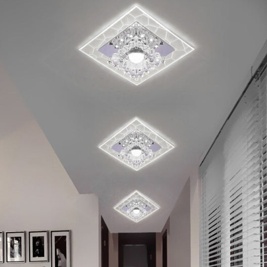 Sleek Square Led Flush Mount Crystal Ceiling Light Clear Corridor Fixture / 3W White