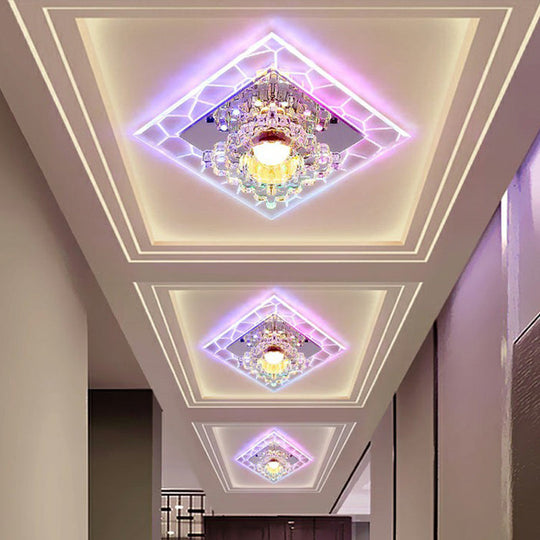 Sleek Square Led Flush Mount Crystal Ceiling Light Clear Corridor Fixture / 3W Multi Color