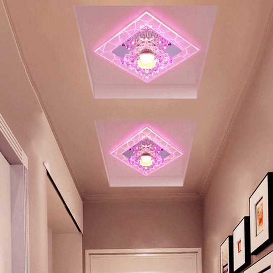 Sleek Square Led Flush Mount Crystal Ceiling Light Clear Corridor Fixture / 3W Purple