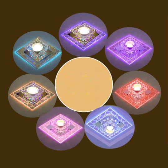 Sleek Square Led Flush Mount Crystal Ceiling Light Clear Corridor Fixture / 5W 7 Color