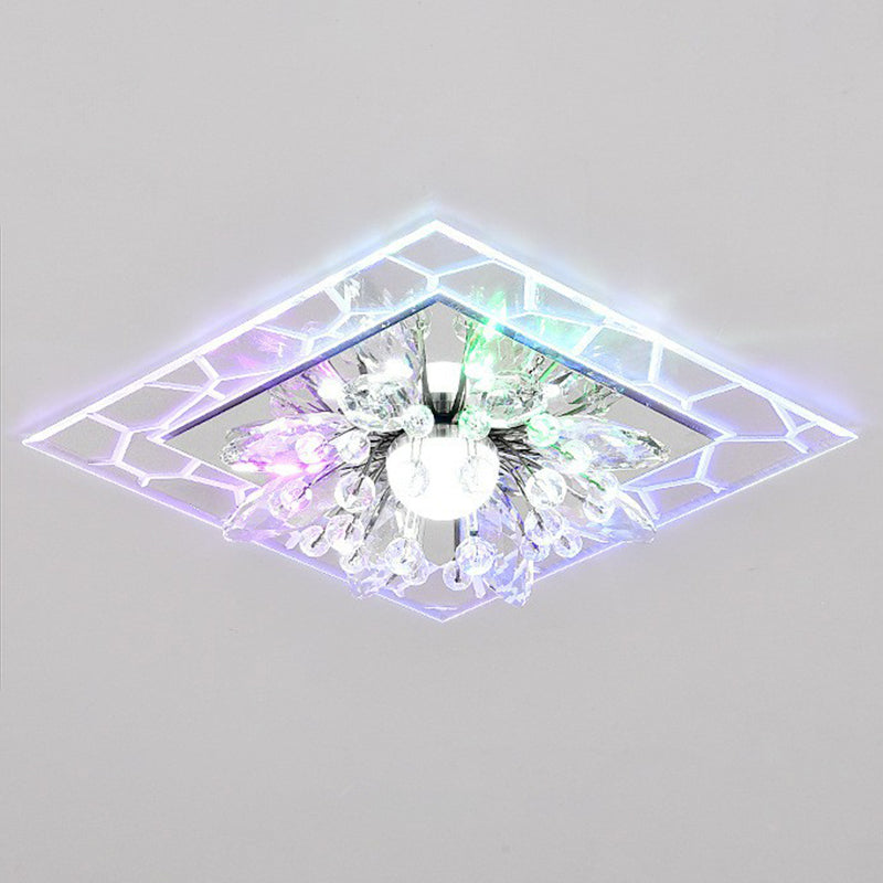 Modern Square Flush Led Ceiling Light Fixture With Clear Crystal - Ideal For Hallways