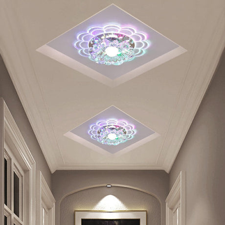 Modern Crystal Led Flush Mount Ceiling Light For Entryway - Clear Blossom Design / 3W Multi Color