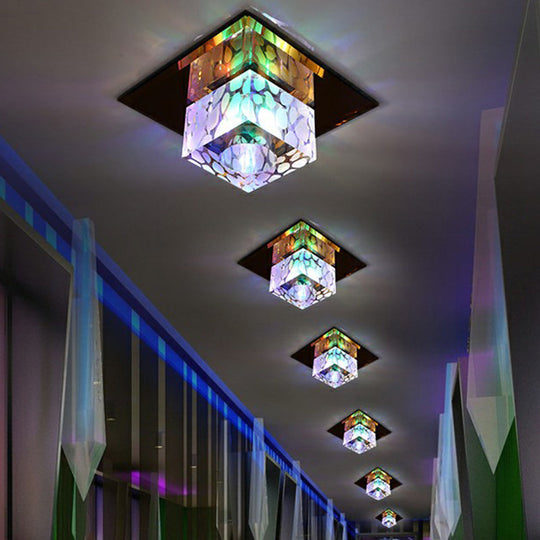 Crystal Led Cube Flush Mount Lighting For Minimalist Hallways Tan / Multi Color