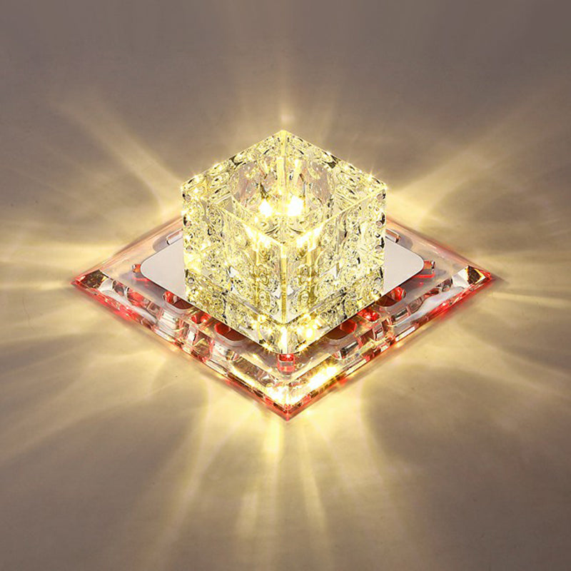 Crystal Clear Led Flush Ceiling Light Fixture For Corridor - Artistic Square Design / 5.5 Red