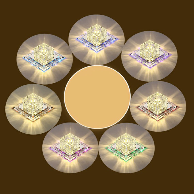 Crystal Clear Led Flush Ceiling Light Fixture For Corridor - Artistic Square Design / 5.5’ 7 Color