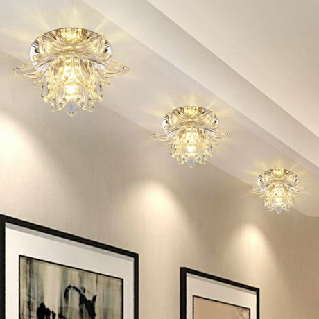 Modern Lotus-Shaped Entryway Led Crystal Flush Mount Ceiling Light In Clear / Warm