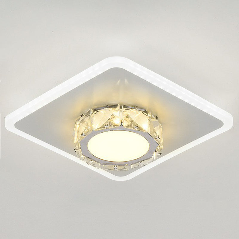 Modern Geometric Flush Ceiling Light With Crystal Detail - Led Hallway Lighting Fixture White /