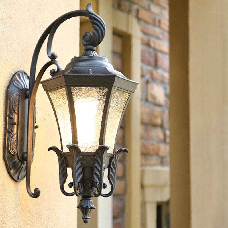 Retro Aluminium Hexagon Outdoor Wall Mount Light With Textured Glass Shade Black