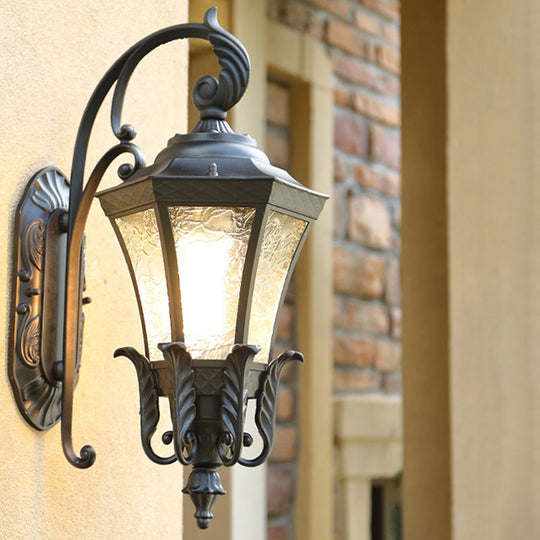 Retro Aluminium Hexagon Outdoor Wall Mount Light With Textured Glass Shade Black