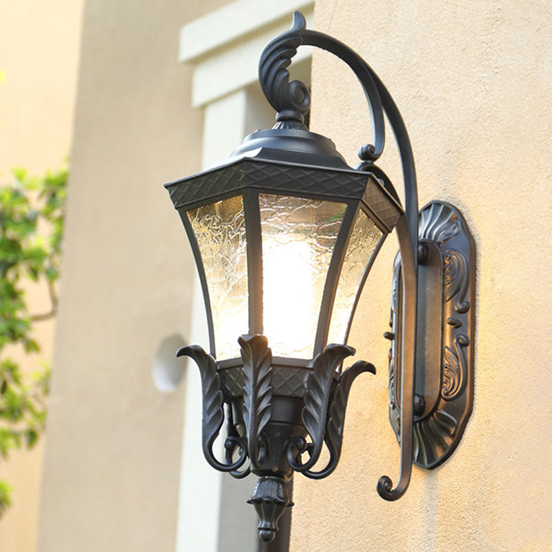 Retro Aluminium Hexagon Outdoor Wall Mount Light With Textured Glass Shade