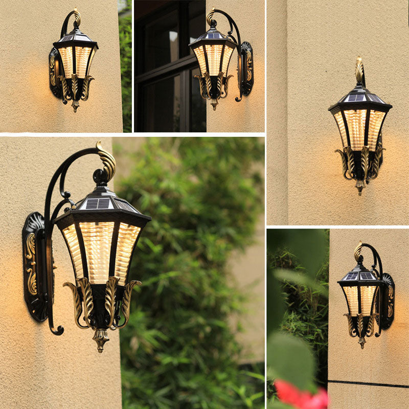 Vintage Glass Solar Wall Light - Flared Square Design With Led Black /