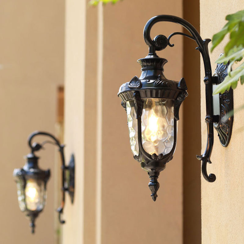 Classic Ripple Glass Black Bell Wall Light - Outdoor Courtyard Lighting Fixture (1 Bulb) / Small