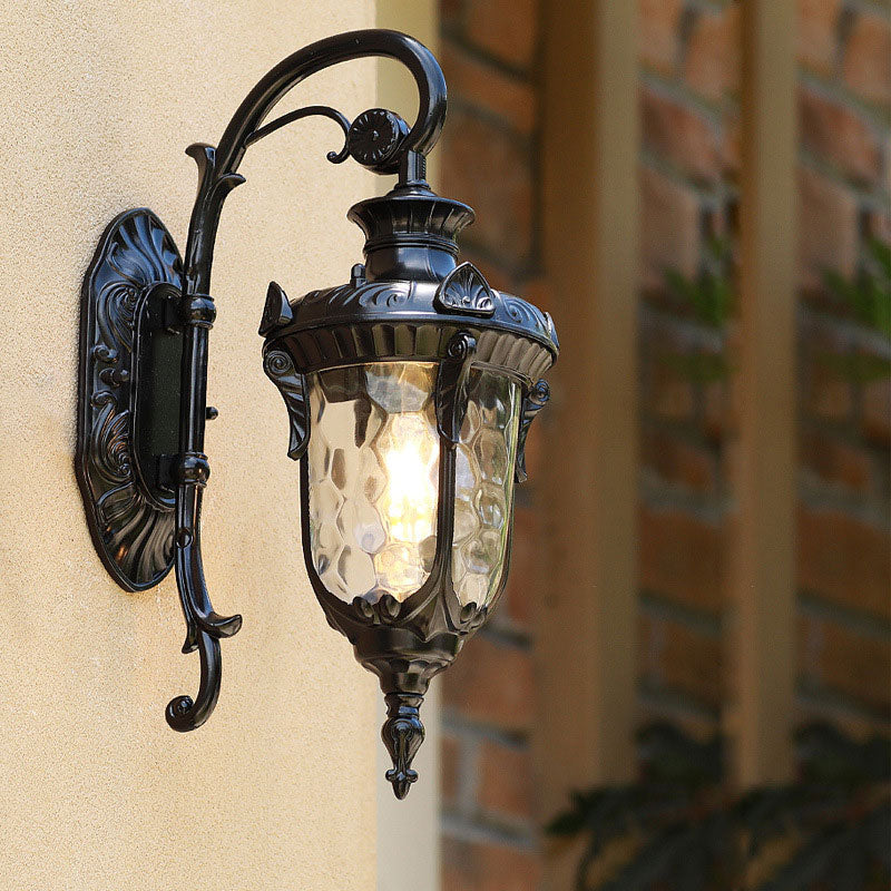 Classic Ripple Glass Black Bell Wall Light - Outdoor Courtyard Lighting Fixture (1 Bulb)