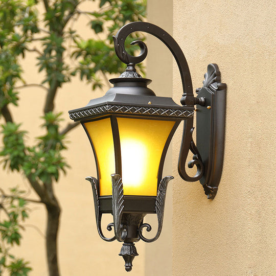 Traditional Coffee Square Bell Outdoor Wall Light Fixture With Tan Glass Mount - 1 Head