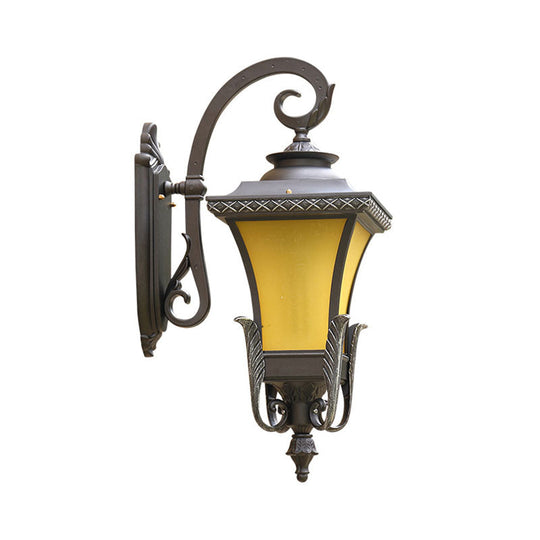 Traditional Coffee Square Bell Outdoor Wall Light Fixture With Tan Glass Mount - 1 Head