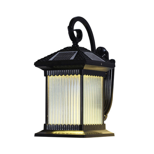 Retro Outdoor Led Wall Lighting: Ribbed Glass Square Solar Light In Black /