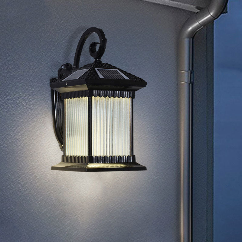 Retro Outdoor Led Wall Lighting: Ribbed Glass Square Solar Light In Black