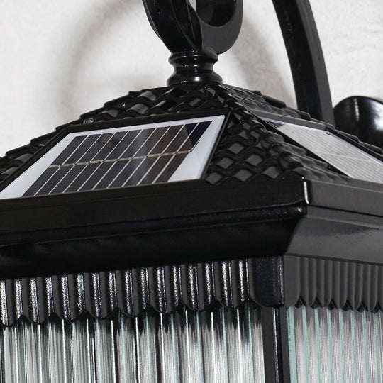 Retro Outdoor Led Wall Lighting: Ribbed Glass Square Solar Light In Black