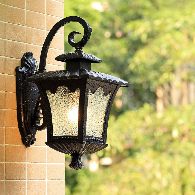 Vintage Lantern Style Wall Mounted Lamp With Seedy Glass For Yard - Black