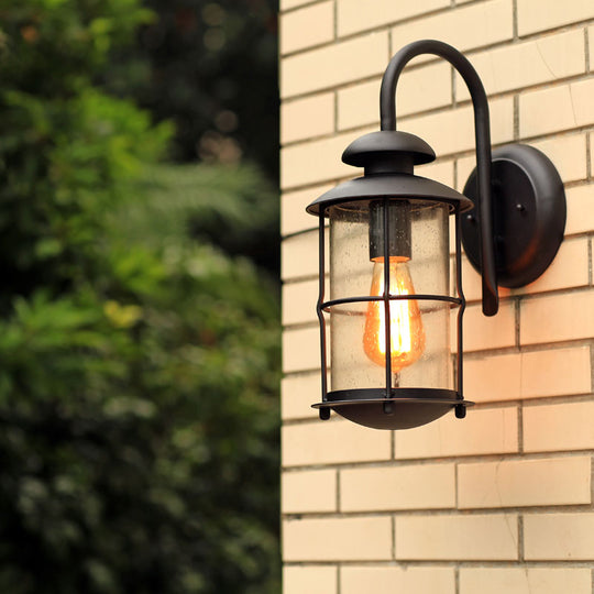 Clear Glass Wall Mount Retro Outdoor Light - Cylinder Shape 1-Light Black