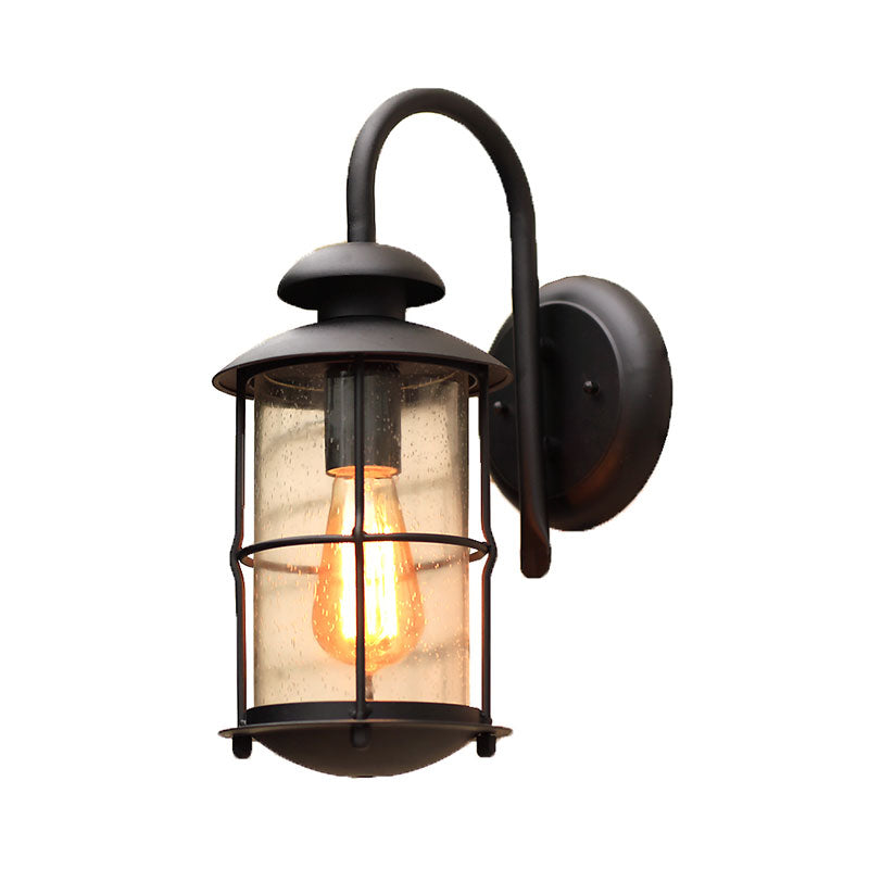 Clear Glass Wall Mount Retro Outdoor Light - Cylinder Shape 1-Light Black
