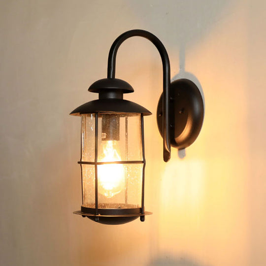 Clear Glass Wall Mount Retro Outdoor Light - Cylinder Shape 1-Light Black