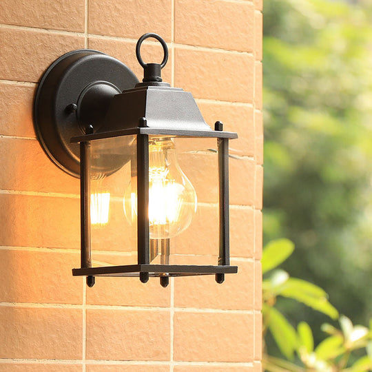 Rustic Black Glass Rectangle Wall Sconce - Courtyard Light Fixture (1 Bulb) / 9 A