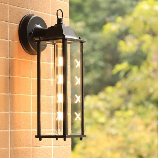 Rustic Black Glass Rectangle Wall Sconce - Courtyard Light Fixture (1 Bulb) / 14 A