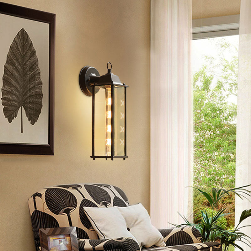 Outdoor Black Rectangular Wall Sconce Lamp With Classic Glass And Single-Bulb / 14 B
