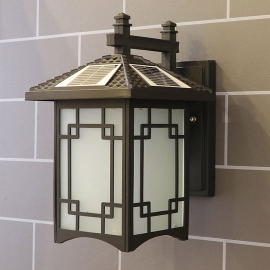 Rustic Led Wall Sconce With Frost Glass - Solar Powered For Courtyard Black / B