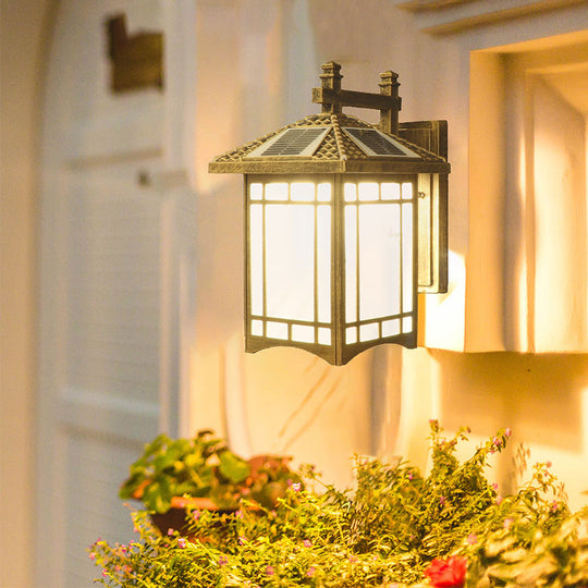 Rustic Led Wall Sconce With Frost Glass - Solar Powered For Courtyard Bronze / A