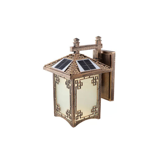 Rustic Led Wall Sconce With Frost Glass - Solar Powered For Courtyard Bronze / C
