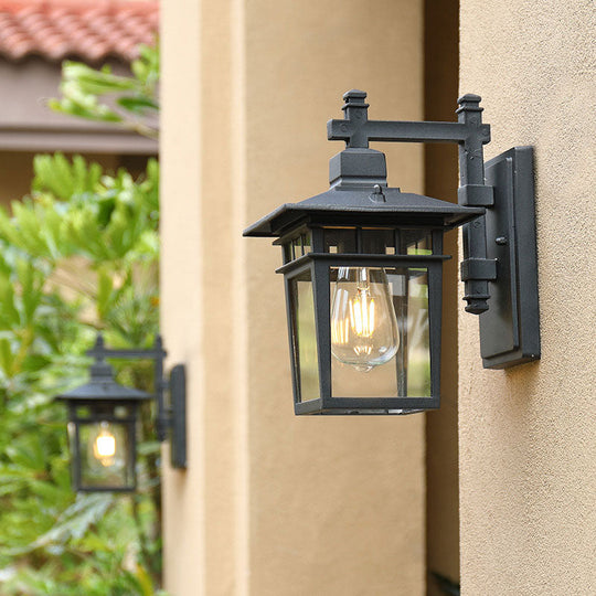 Vintage Aluminium Wall Sconce Lamp With Clear Glass Shade In Textured Black - Single-Bulb Lighting