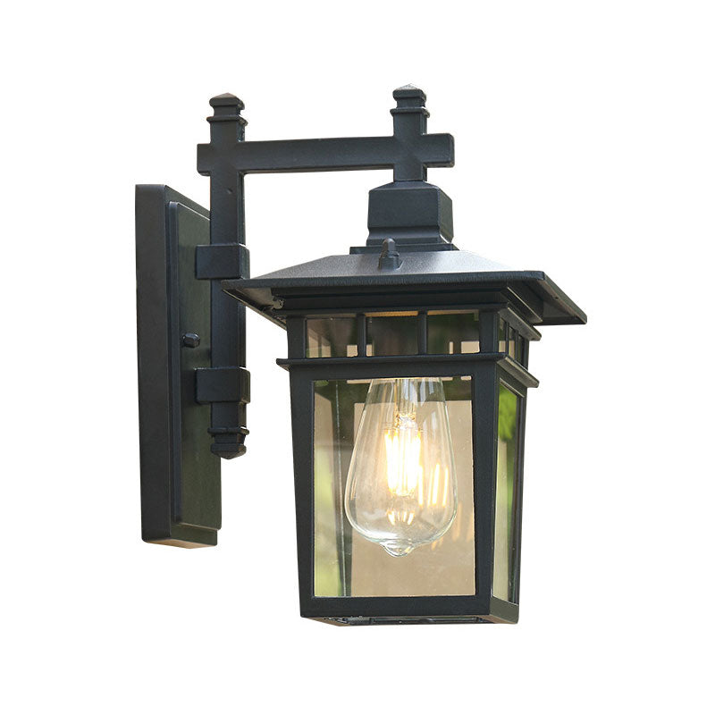 Vintage Aluminium Wall Sconce Lamp With Clear Glass Shade In Textured Black - Single-Bulb Lighting