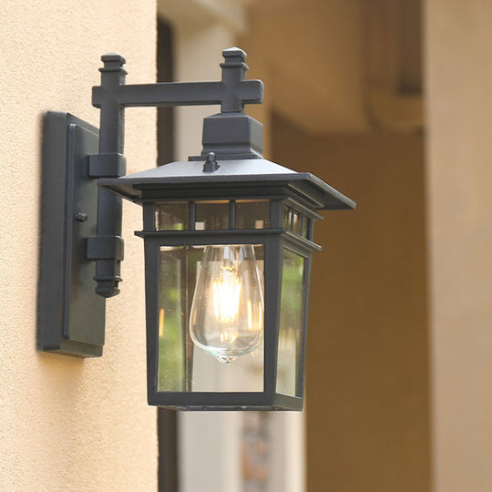 Vintage Aluminium Wall Sconce Lamp With Clear Glass Shade In Textured Black - Single-Bulb Lighting