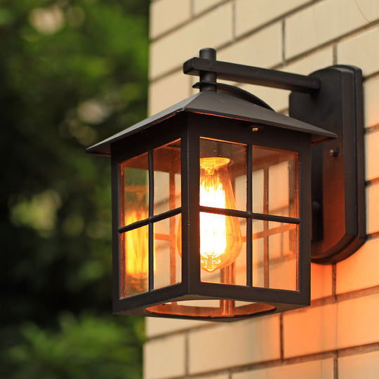 Retro Clear Glass Wall Sconce Light - 1-Light Outdoor Courtyard Mount Black