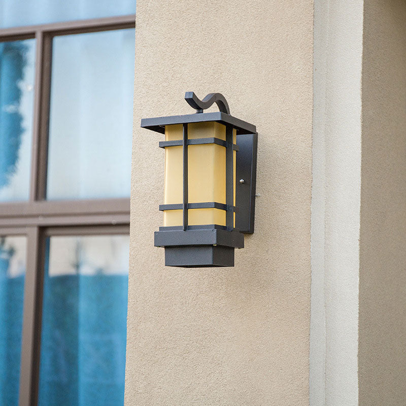 Rustic Black Led Outdoor Wall Light With Glass Rectangular Shade Yellow