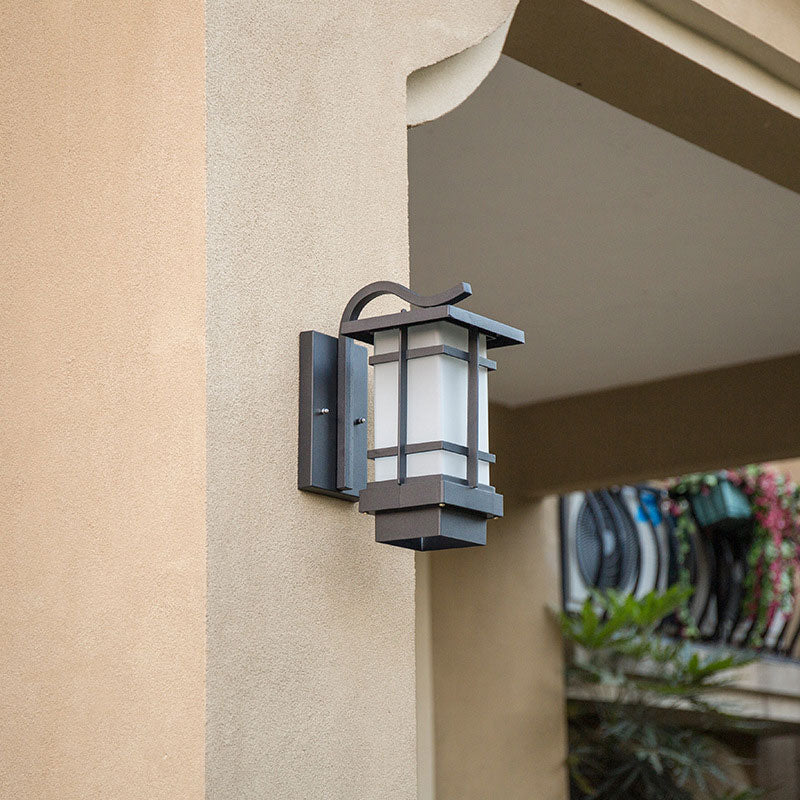 Rustic Black Led Outdoor Wall Light With Glass Rectangular Shade White