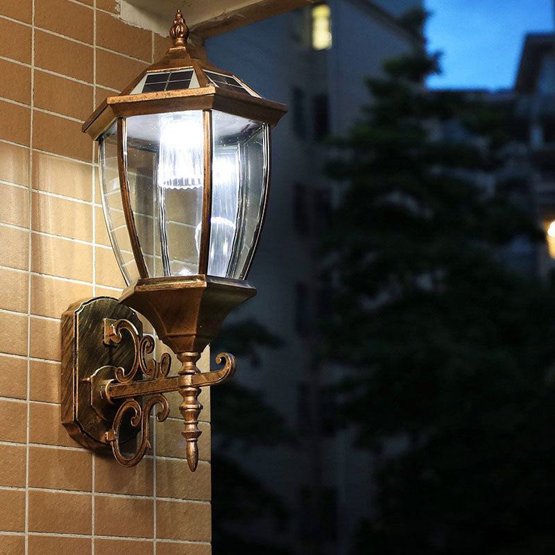 Solar Vintage House Wall Light With Metal Frame Glass Shade And Led Bulb - Outdoor Mounted Lamp