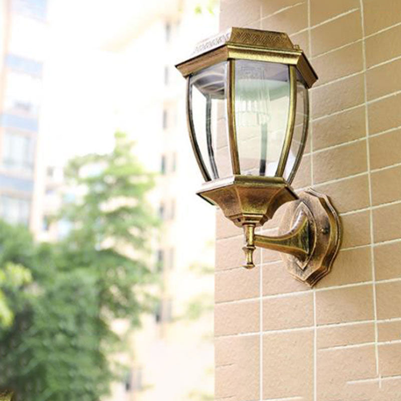 Solar Vintage House Wall Light With Metal Frame Glass Shade And Led Bulb - Outdoor Mounted Lamp