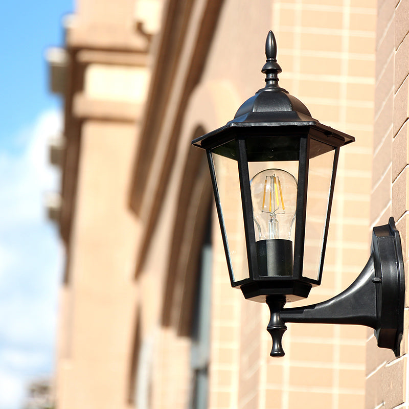 Clear Glass Tapered Wall Sconce Light - Traditional Outdoor Fixture Black