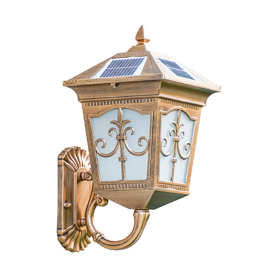 Vintage Courtyard Solar Wall Light - House Shaped Metal Lamp With Frost Glass Shade