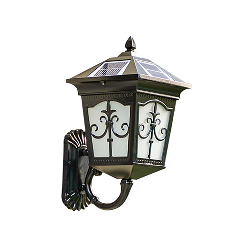 Vintage Courtyard Solar Wall Light - House Shaped Metal Lamp With Frost Glass Shade