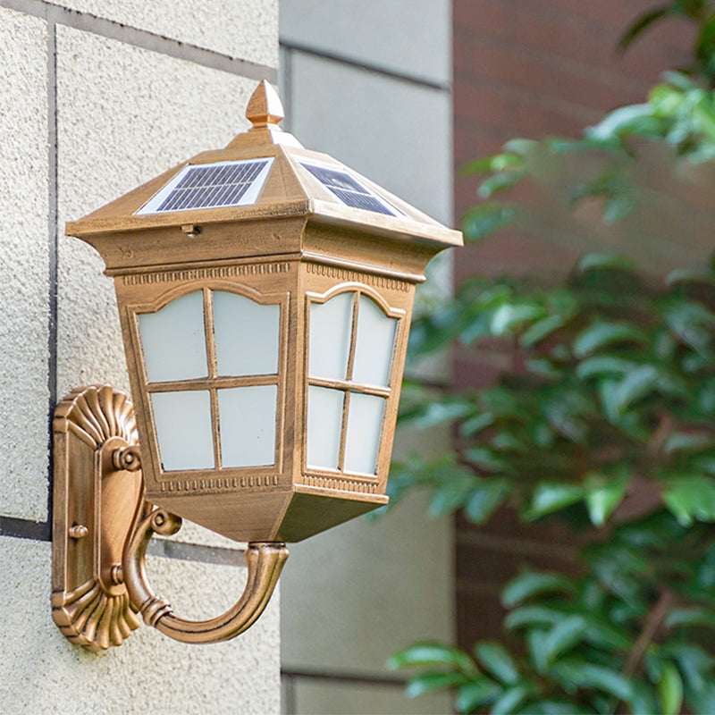 Vintage Courtyard Solar Wall Light - House Shaped Metal Lamp With Frost Glass Shade Bronze / B