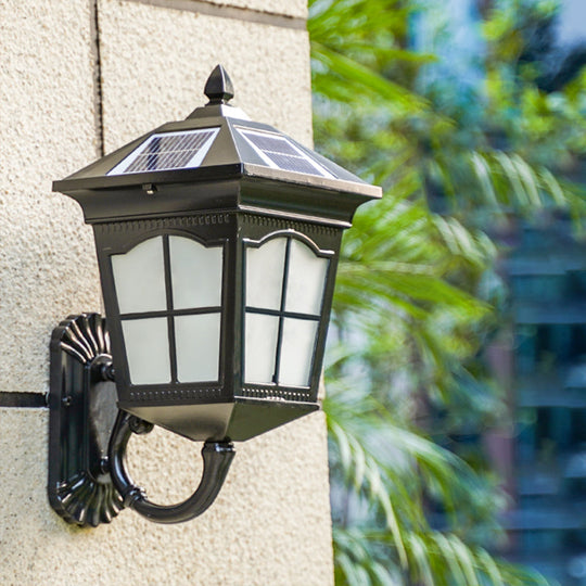 Vintage Courtyard Solar Wall Light - House Shaped Metal Lamp With Frost Glass Shade Black / B