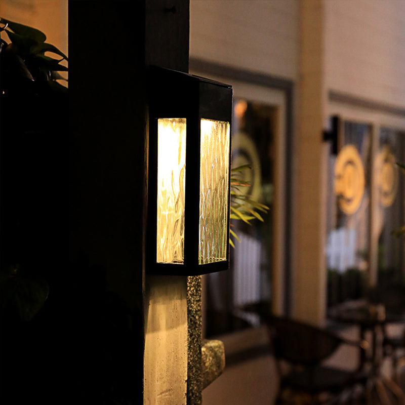 Vintage Rectangular Glass Solar Wall Light With Ripple Design - Outdoor Led Lamp In Black