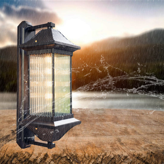 Ribbed Glass Rectangular Shade Wall Light In Coffee - Classic Single Outdoor Lighting Fixture / 10